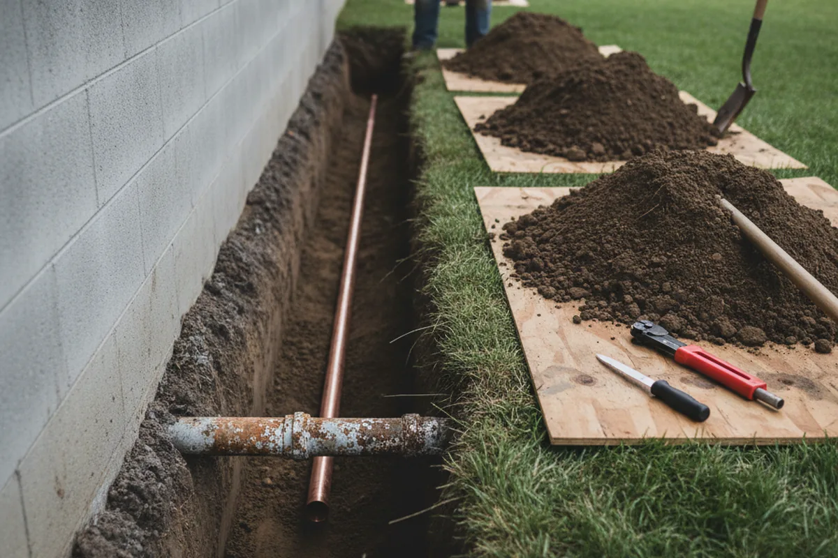 Excavated water line trench during Sewer Line Repair in Payne